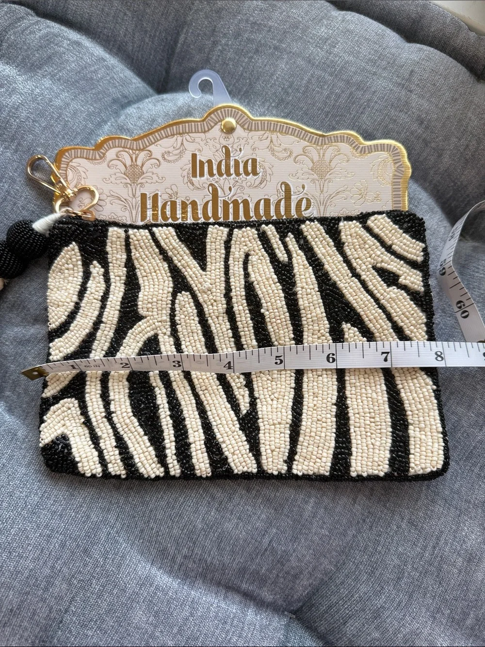 Handmade in India Beaded Zebra Print Clutch - Black & Cream